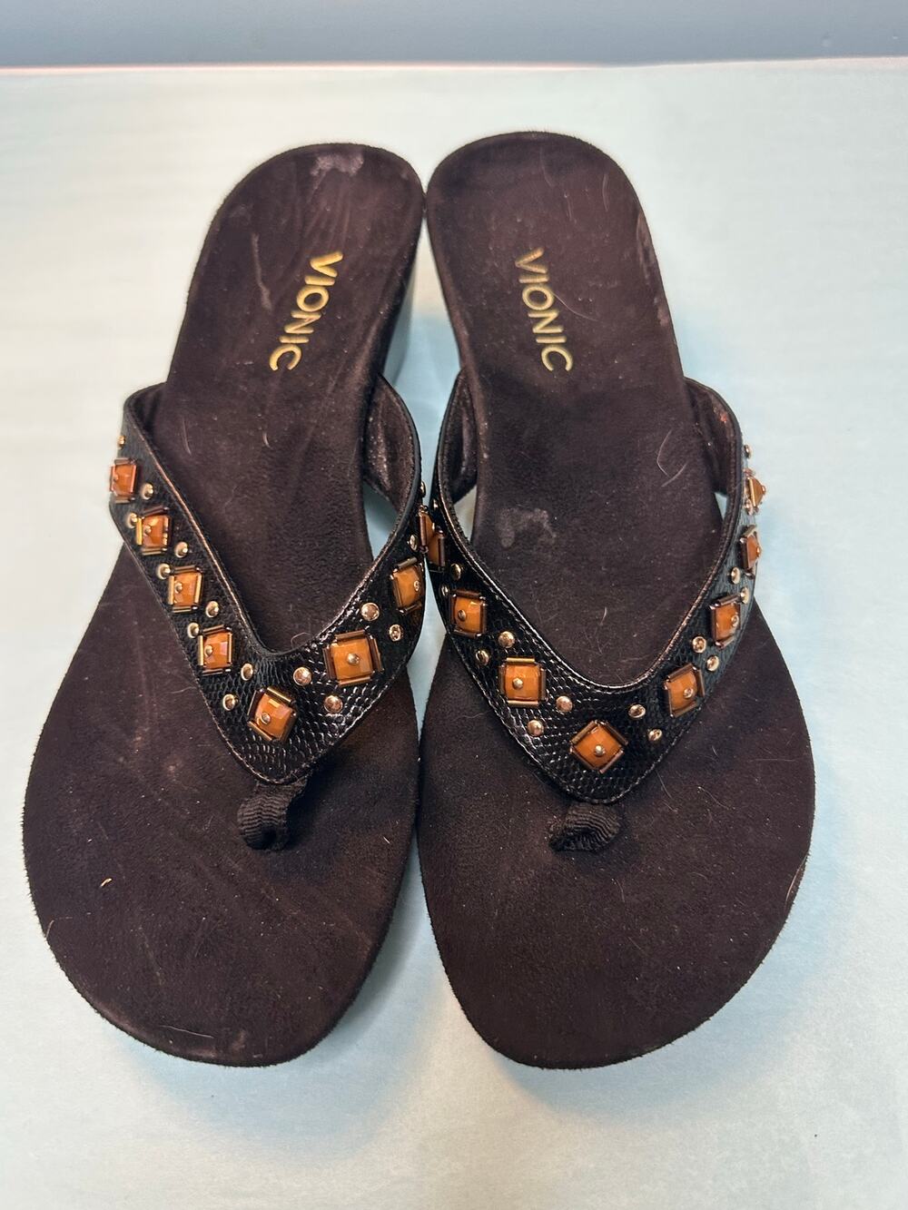 Vionic Floriana studded wedge sandals synthetic leather gemstone Black Size 8